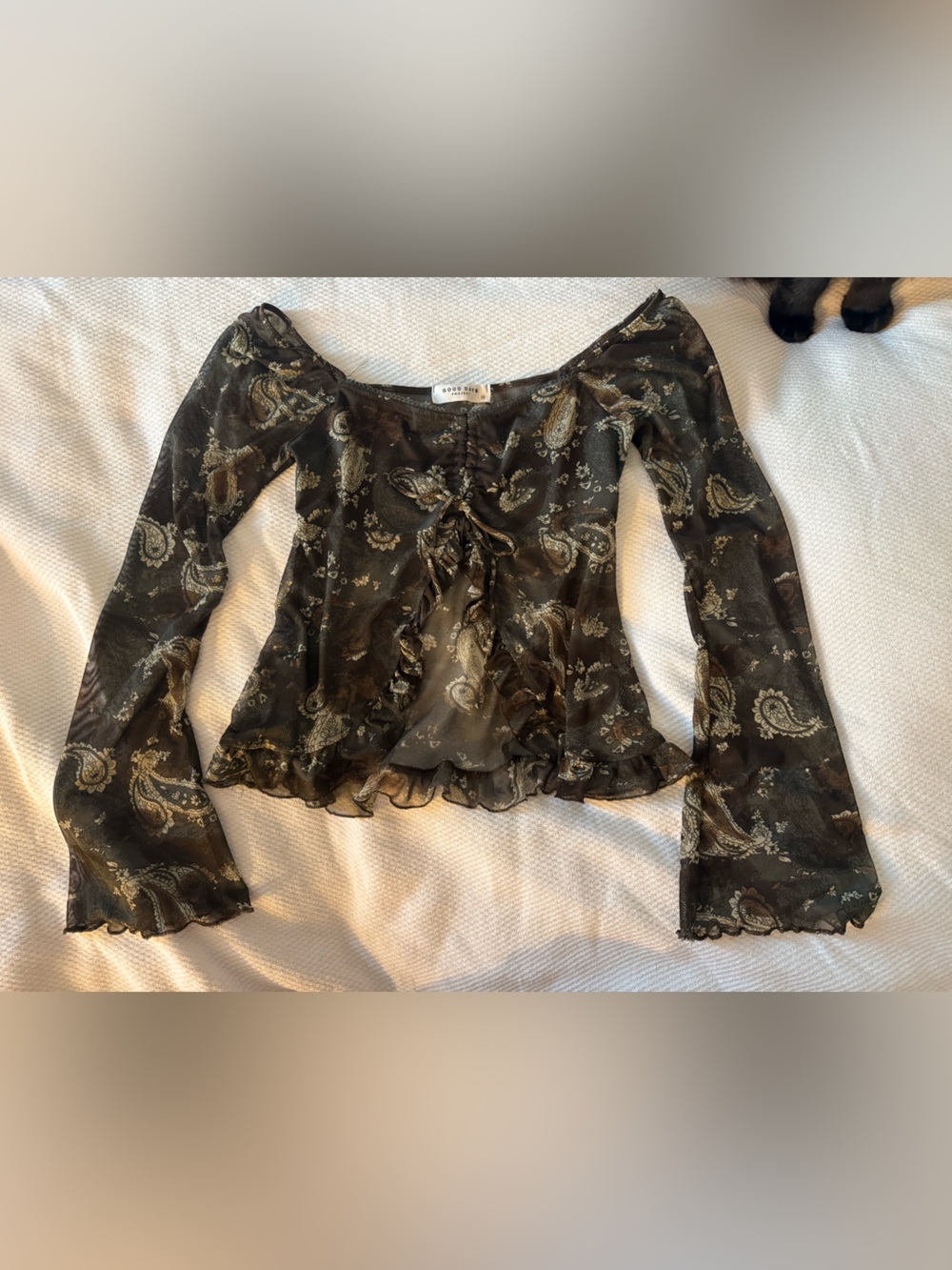 Sheer Black Paisley Ruffle Long-Sleeve Top
